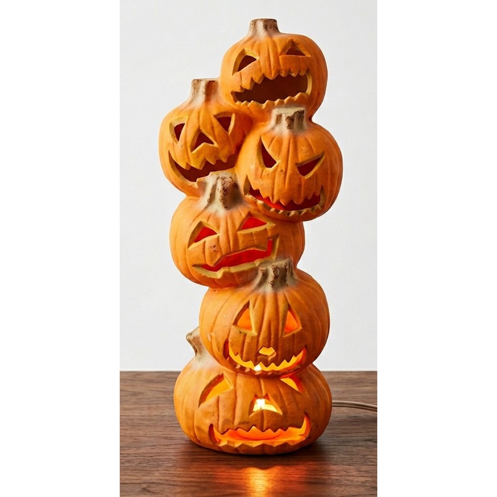 Trendmasters 6 Stacked Pumpkins Lighted Halloween Foam Mold 18", Set of 2, 1993 - Picture 3 of 12